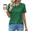 Top T-shirt feminino liso de manga curta plissada com gola redonda para primavera e verão