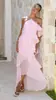 2026 Transfronterizo Nuevo Hombros Descubiertos Moda Europea y Americana Chifón Estampado Hada Largo Elegante Vestido de Noche