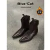 Versão em couro genuíno~5CM de altura, bico fino, Chelsea, cano curto para mulheres, novo estilo outono/inverno, retrô, forrado com fleece, plissado, preto, botas de cano justo