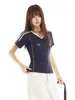 Camiseta Azul de Cuello en V de Manga Corta Estilo Americano para Mujer, Diseño de Verano, Top Deportivo Ajustado de Media Manga