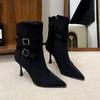 Botines de Hebilla de Gamuza para Mujer 2025 Nuevos con Punta Fina Tacones de Aguja Forrados de Felpa Moda Tacones Altos para Otoño e Invierno Que No Cansarán Tus Pies