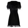 21477A Estilo Oscuro Vestido de Gamuza Cuello Cuadrado Adorno de Encaje Mangas Abullonadas Otoño e Invierno Nuevo Falda Corta de Color Sólido para Mujer