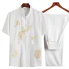 Traje de dos piezas de estilo chino hanfu para hombre de mediana edad y ancianos, de verano, tipo Tang, camisa de manga corta para papá, talla grande, delgado para abuelo
