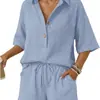 Conjunto casual de dos piezas más vendido en Amazon Europa y América 2026: conjunto de camisa de manga corta con cuello de botón en V y pantalones cortos