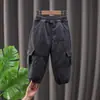 Pantalones de Algodón Grueso con Forro de Felpa para Niños Pantalones Cálidos Bordados con Letras para Invierno Pantalones Vaqueros con Estilo Occidental de Grulla Modernos para Niños