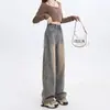 Cor de Barro Amarelo Jeans Reto Vintage Antigo Feminino Primavera e Outono Tamanho Grande Cintura Alta Solto Emagrecimento Estilo Americano Calças de Perna Larga