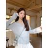 Cubierta Protectora Solar Delgada Semi-Transparente con Cuello en V para Mujer con Bordes Fruncidos, Camiseta de Manga Larga de Algodón y Lino con Diseño de Copos de Nieve, Prenda Base para Primavera/Verano 2026