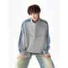 Sudadera con capucha y cremallera a rayas de marca trendy americana para hombre, estilo universitario, cuello alto, casual, versátil, holgada, chaqueta sudadera deportiva