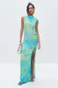 Bestseller transfronterizo europeo y americano: vestido estampado sin mangas con cuello alto, pliegues laterales y abertura, ajustado, sexy bodycon