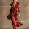 Vestido Transfronteiriço Novo Estilo com Decote em V e Mangas Longas com Elementos de Impressão Digital 3D, Saia Fashion e Personalizada para Marcar a Cintura Feminina