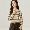 Colección Otoño 2026Q: Camiseta Básica de Punto de Cachemira Pura para Mujer con Cuello Redondo, Manga Larga, Cuello Hueco y Rayas Anchas
