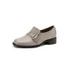 Mocasines de cuero elegantes y con estilo para ir al trabajo con hebilla, colección otoño 2026, tacón bajo grueso, punta redonda, piel genuina, zapatos de mujer de corte bajo
