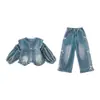 Conjunto Jeans de Primavera para Meninas Jaqueta Infantil Nova Moda Estilosa 2026 Conjunto de Duas Peças Primavera e Outono para Bebês