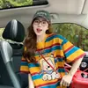Camiseta de manga corta a rayas bicolor de algodón puro para mujer, nuevo modelo de verano 2026, estampado divertido, top casual holgado estilo americano
