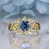 Anel de Girassol Safira com Banhos Dourados Bicolores e Diamantes, Joia de Luxo Leve de Alta Qualidade, Fábrica Transfronteiriça Hong Kong-Di