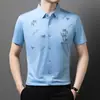 Camisa de Manga Corta Sin Costuras de Seda de Hielo para Hombre, Verano Delgado, Hoja de Bambú, No se Arruga, Top Casual para Hombre de Mediana Edad