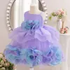 Vestido Infantil Saia Tutu Verão Manga Meia-Manga Menina Flor 3D Vestido Princesa Vestido para Performance de Primeiro Aniversário