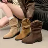 Zapatos Nuevos Botas de Media Caña Gruesas de Moda Otoño Remaches 2026 Fruncidas Versátiles Gamuza Boca Botas de Moda Adelgazantes Mujer Tacones Altos