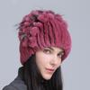 Gorro de Lana Grueso de Invierno Nuevo para Mujer Estilo Europeo y Americano, Gorro de Piel de Conejo Rex, Gorro de Punto con Cinturón Lateral y Flor