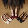 Sapatos Mary Jane de couro bovino plissado, estilo fada, simples, lisos e combinados, primavera 2025, grossos, salto médio, bico quadrado, couro legítimo, camada única, para mulheres