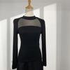 Camiseta interior de malla negra hueca elegante superadelgazante para mujer, nueva camiseta de manga larga ajustada de cuello alto medio