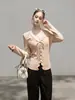 Nuevo Top de Punto para Mujer Otoño Estilo Coreano Encaje Texturizado Adorno de Encaje Solapa Lazo Corte Ajustado