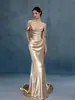 Comercio Exterior Transfronterizo Europeo y Americano Champagne Dorado Cola de Pez Banquete Vestido de Noche Novia Boda Vestido de Novia Vestido para Brindis Vestido de Compromiso Falda