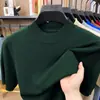 Camiseta de punto de manga corta con cuello alto parcial para hombre, color azul Klein liso, casual, ligera, transpirable, top t