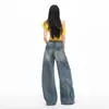 Jeans de Mezclilla Lavada con Diseño Yuppie Deconstruido y Líneas Tridimensionales, Pantalones de Pierna Ancha para Mujer, Pantalones Largos hasta el Suelo Hechos de Algodón de Primavera
