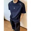 Camiseta azul oscuro Sorona de tacto frío para hombre, verano, fitness, deportes, secado rápido, manga corta, patchwork deconstruido, raglán, cinco mangas