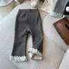 Calças Casuais de Inverno para Meninas, Estilosas Tendência Infantil Versão Coreana com Acabamento em Renda, Forro de Lã, Espessas, Boca Larga