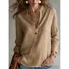 2026 Camisa Casual Transpirable Holgada de Cuello en V Semiabierto Estilo Old Money Europeo y Americano Cuello Alto Botón de Madera Manga Larga para Mujer