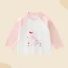 Camiseta infantil de algodão puro de manga longa, unissex, top soltinho e versátil para bebês e crianças pequenas, camiseta básica para primavera e outono, camiseta com blocos de cor e desenho animado