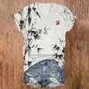 Camiseta Personalizada Feminina Gola V Manga Curta Estampa de Libélula Retrô Cruzada Padrão de Tinta Impressão Digital 3D Venda por Atacado a partir de 1 peça