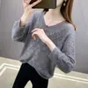 Nova Camisa de Base Tricô Manga Longa Cor Lisa Recortada Solta Outono/Inverno 2023 Suéter Fino Gola V Pulôver para Mulheres