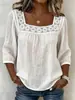 2026 Transfronterizo Amazon Nuevo Verano Color Sólido Casual Cuello Cuadrado Encaje Empalmado Manga Tres Cuartos Algodón y Lino Manga Corta Top para Mujer
