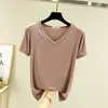 Camiseta Branca Manga Curta Modal com Máscara Feminina Verão Decote V Seda Gelada Gola Baixa Solta Camisa Base Top Camiseta Versátil