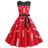Vestido largo de encaje con cuello redondo, sin mangas, con estampado cuadrado y cinturón negro, estilo retro, con vuelo, para mujer, C007