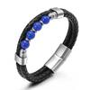 Pulsera de acero inoxidable con cuentas de lapislázuli natural y piedra volcánica para hombre, tejida a mano, de cuero y titanio, nueva, transfronteriza