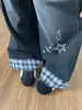 Calça Wide Leg Jeans Preto Estampa Hello Kitty Estilo Retrô Americano Feminina Outono 2026 Nova Calça Wide Leg Patchwork Xadrez