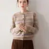 Novo Cardigã 100% Caxemira Outono/Inverno para Mulheres, Gola Redonda, Espessado, Jacquard Listrado Vintage, Suéter Casaco de Tricô Solto