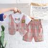 Meninos bonito terno xadrez falso de duas peças verão novos meninos estilo estrangeiro manga curta de duas peças roupas infantis uma geração de cabelo