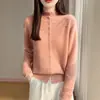 Suéter de tricô de lã outono e inverno transfronteiriço para mulheres, camisa base com gola alta, cardigã de crochê solto e espessado com vazados, gola semi-alta