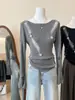 Suéter Rasgado com Contas Estilo Francês para Mulheres, Camisa Básica Tricotada com Manga Sino para Outono e Inverno com Top Irregular Ajustável na Cintura