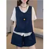 Conjunto de Chaleco con Bloques de Color Falso de Dos Piezas Estilo Coreano + Shorts para Mujer 2026 Verano Casual Temperamento Shorts de Pierna Ancha Conjunto de Dos Piezas