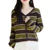 Cárdigan de Cuello en V para Mujer Bloque de Color Rayas Calado Manga Larga Prenda Exterior Superior Nuevo Estilo Principios de Otoño Top Interior Apilable