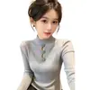 Conjunto de Otoño: Camiseta Básica de Punto con Cuello Medio para Mujer, Elegante y Hermosa, Corte Ajustado, Diseño Hueco, Suéter de Manga Larga