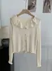 Cardigan de Tricô Omalai Fino Semitransparente com Gola Franzida Cor Sólida de Manga Longa com Botões Únicos para Mulheres 6977