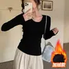 Camiseta Branca Gola V com Cintura Ajustada, Mangas Longas, Forrada com Lã para o Inverno, Novo Estilo 2026, Puro Desejo Slim-Fit Garota Apimentada Top Justo