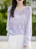 Blusa de Verão Transfronteiriça de Linho Ombro a Ombro com Renda e Padrão de Diamante, Solta, de Manga Longa para Mulheres, Camisa Elegante e Fresca com Proteção Solar